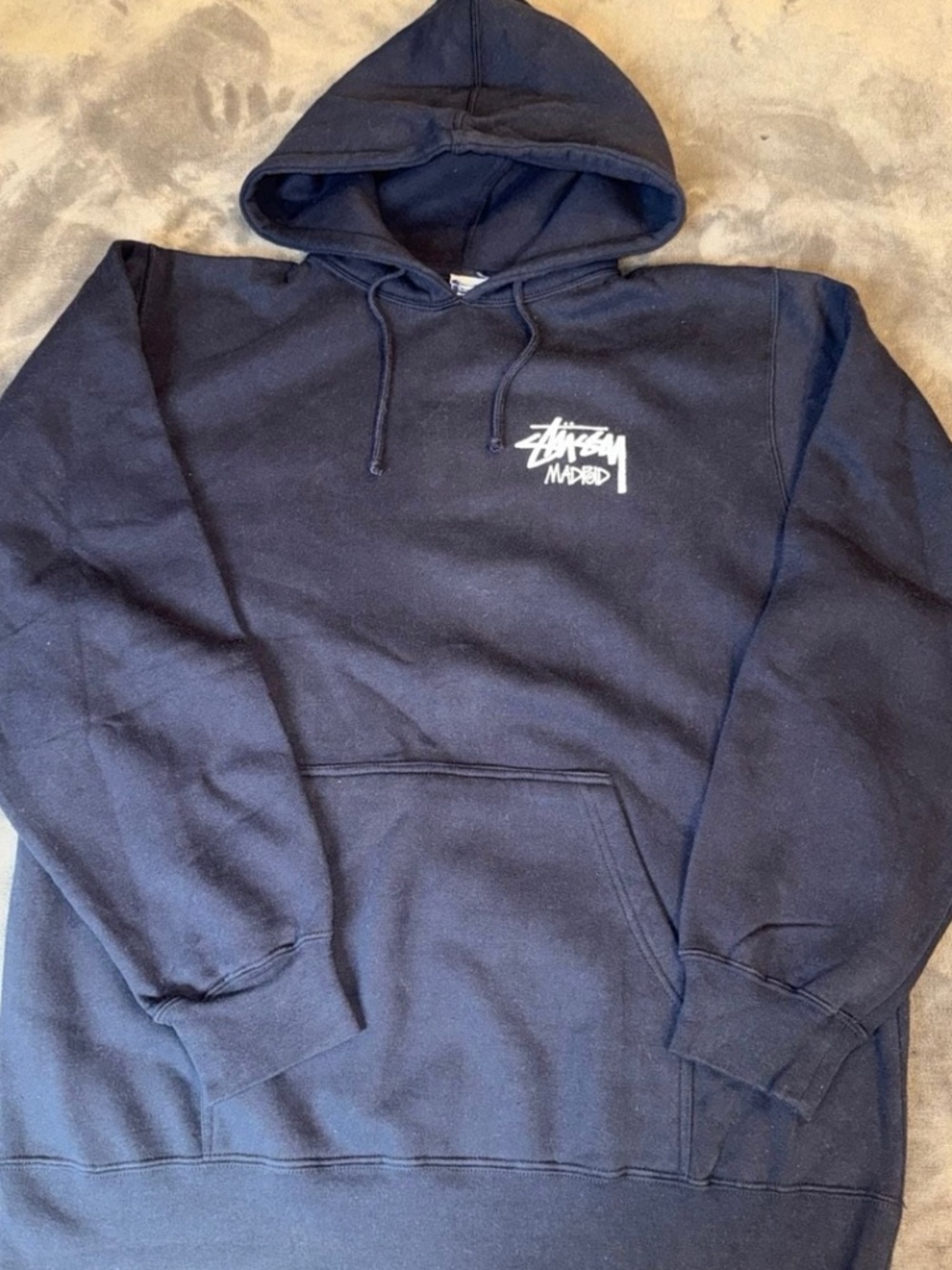 Vintage Stรผssy Madrid Chapter Stock Logo Hoodie Navy size XL